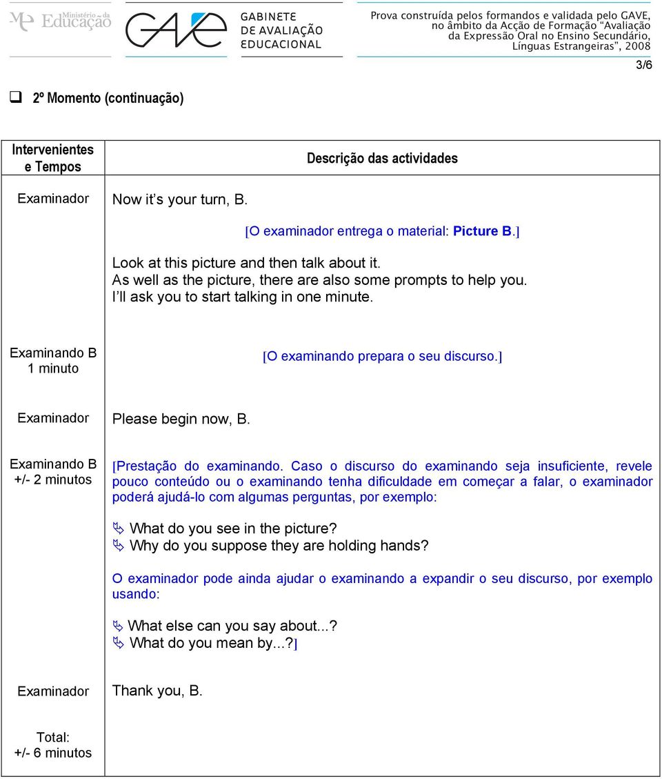 Examinando B +/- 2 minutos [Prestação do examinando.