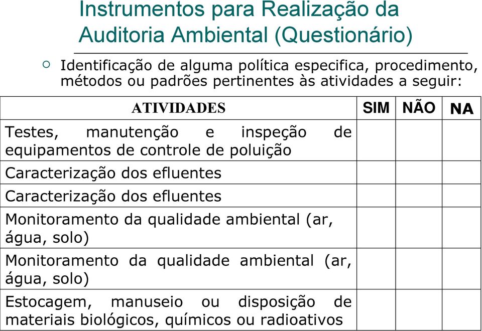 efluentes Caracterização dos efluentes Monitoramento da qualidade ambiental (ar, água, solo) Monitoramento da