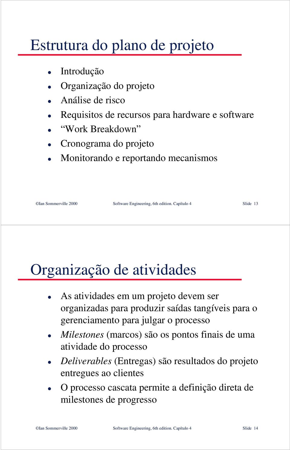 Capítulo 4 Slide 13 Organização de atividades As atividades em um projeto devem ser organizadas para produzir saídas tangíveis para o gerenciamento para julgar o processo