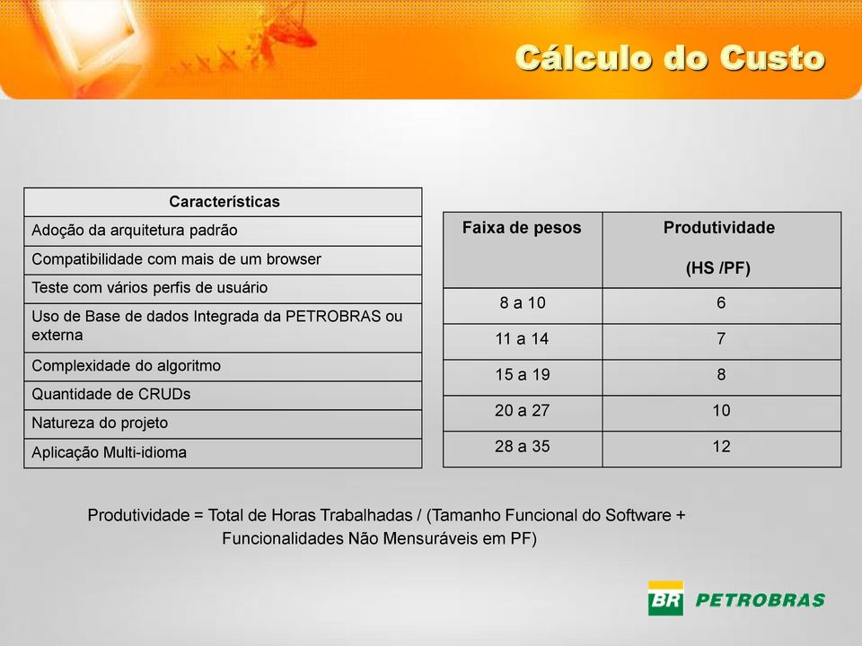 Natureza do projeto Aplicação Multi-idioma Faixa de pesos Produtividade (HS /PF) 8 a 10 6 11 a 14 7 15 a 19 8 20 a 27 10