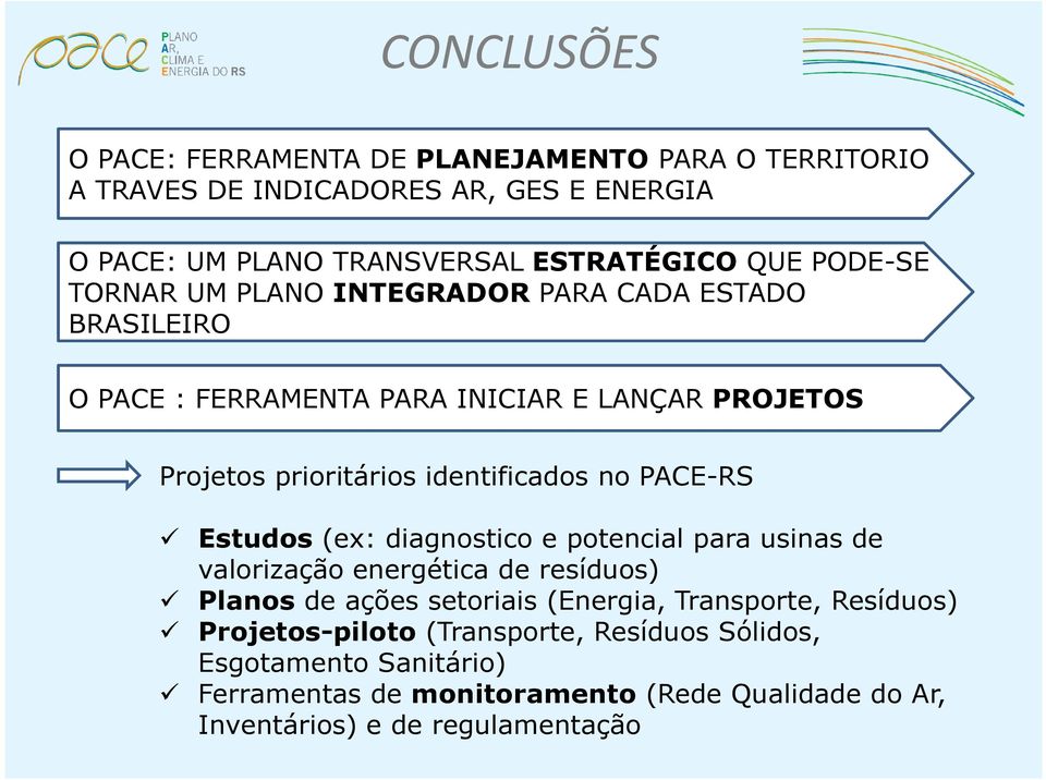 PACE-RS Estudos (ex: diagnostico e potencial para usinas de valorização energética de resíduos) Planos de ações setoriais (Energia, Transporte,