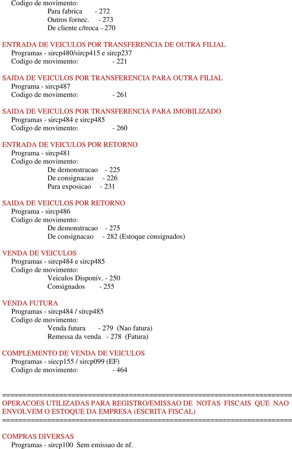 sircp487-261 SAIDA DE VEICULOS POR TRANSFERENCIA PARA IMOBILIZADO Programas - sircp484 e sircp485-260 ENTRADA DE VEICULOS POR RETORNO Programa - sircp481 De demonstracao - 225 De consignacao - 226