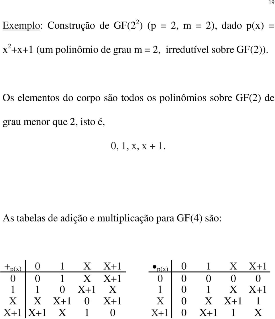 Os elementos do corpo são todos os polinômios sobre GF(2) de grau menor que 2, isto é, 0, 1, x, x + 1.