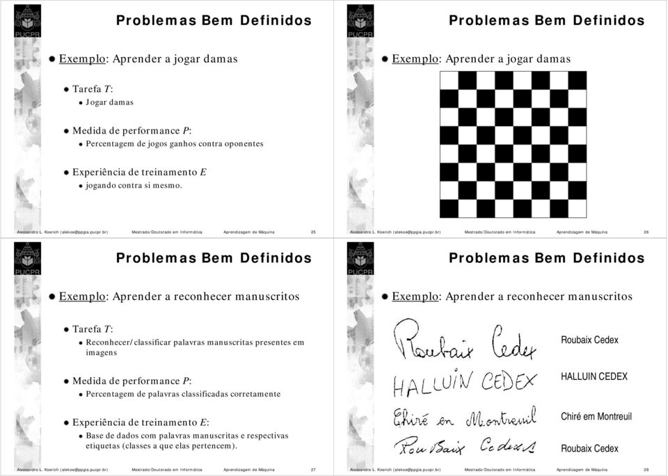 Mestrado/Doutorado em Informática Aprendizagem de Máquina 25 Mestrado/Doutorado em Informática Aprendizagem de Máquina 26 Problemas Bem Definidos Problemas Bem Definidos Exemplo: Aprender a