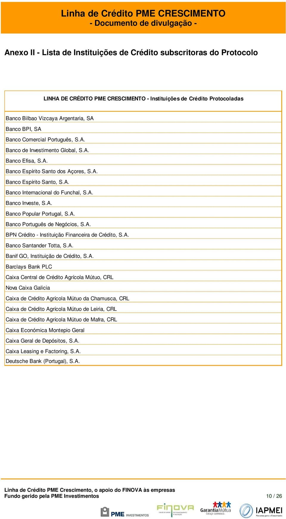 A. BPN Crédit - Instituiçã Financeira de Crédit, S.A. Banc Santander Ttta, S.A. Banif GO, Instituiçã de Crédit, S.A. Barclays Bank PLC Caixa Central de Crédit Agrícla Mútu, CRL Nva Caixa Galicia