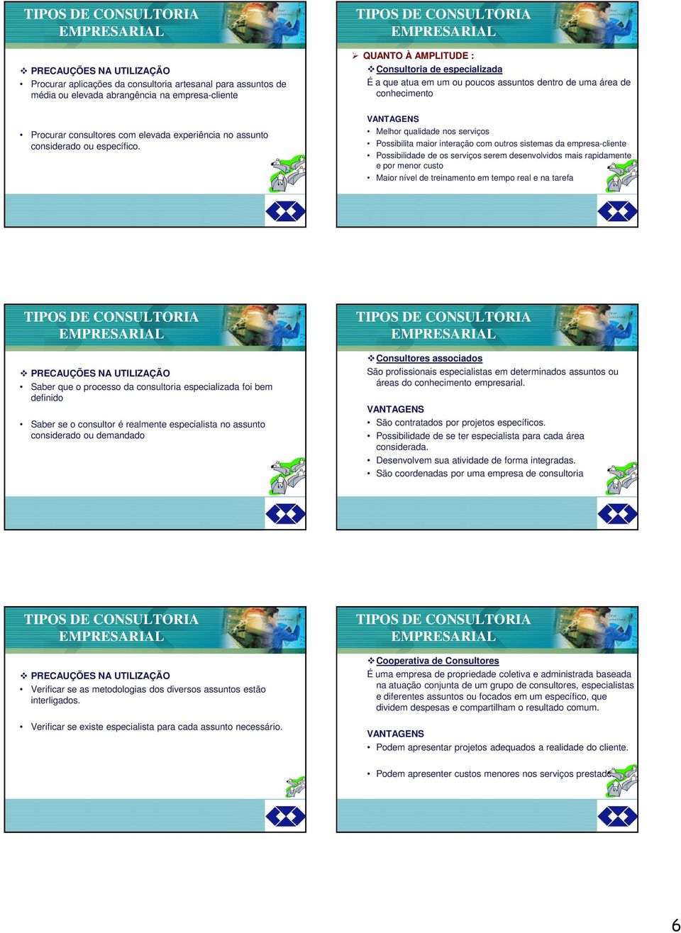 32 QUANTO À AMPLITUDE : Consultoria de especializada É a que atua em um ou poucos assuntos dentro de uma área de conhecimento VANTAGENS Melhor qualidade nos serviços Possibilita maior interação com