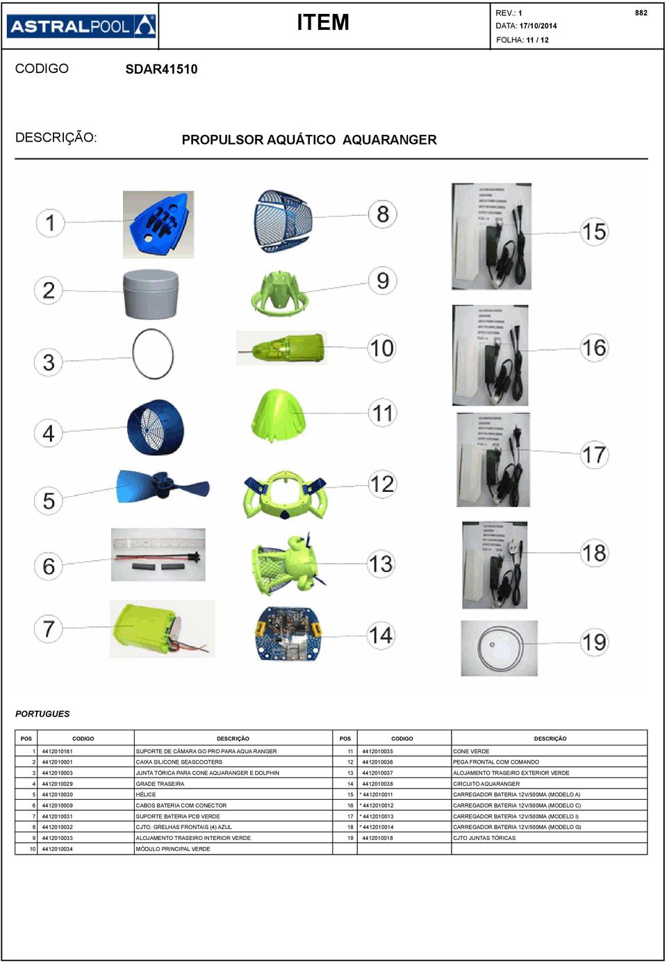 GRADE TRASEIRA 14 4412010038 CIRCUITO AQUARANGER 5 4412010030 HÉLICE 15 * 4412010011 CARREGADOR BATERIA 12V/500MA (MODELO A) 6 4412010009 CABOS BATERIA COM CONECTOR 16 * 4412010012 CARREGADOR BATERIA