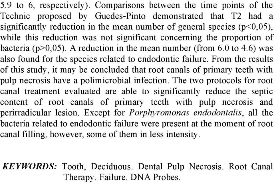 not significant concerning the proportion of bacteria (p>0,05). A reduction in the mean number (from 6.0 to 4.6) was also found for the species related to endodontic failure.