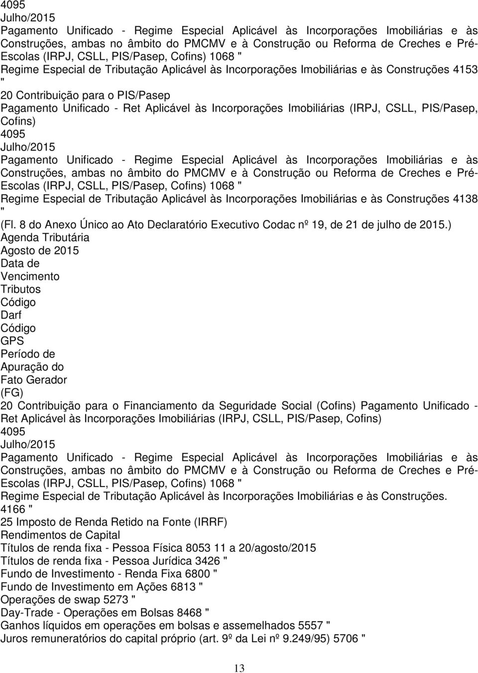 Incorporações Imobiliárias (IRPJ, CSLL, PIS/Pasep, Cofins)  PIS/Pasep, Cofins) 1068 " Regime Especial de Tributação Aplicável às Incorporações Imobiliárias e às Construções 4138 " (Fl.