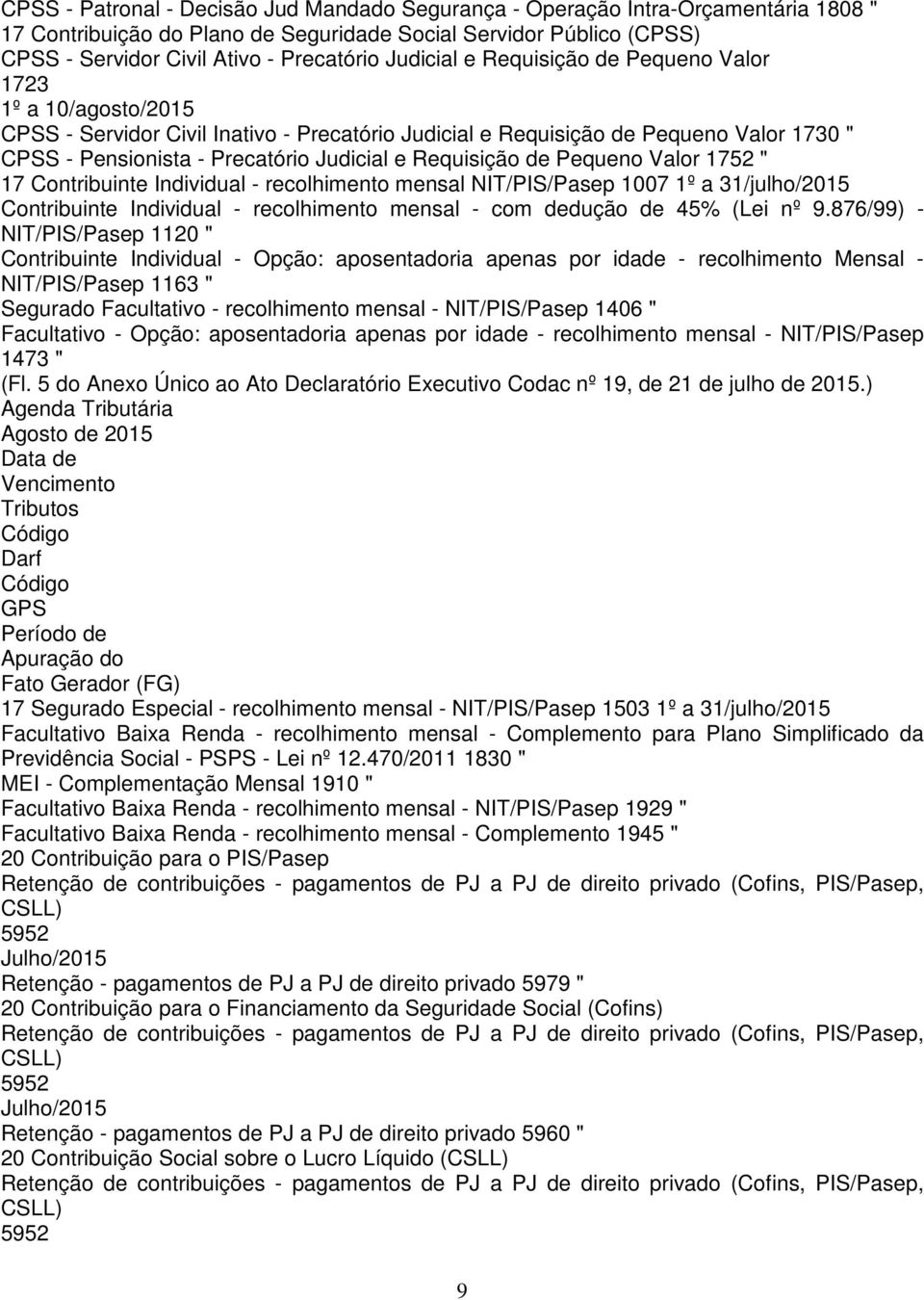 Requisição de Pequeno Valor 1752 " 17 Contribuinte Individual - recolhimento mensal NIT/PIS/Pasep 1007 1º a 31/julho/2015 Contribuinte Individual - recolhimento mensal - com dedução de 45% (Lei nº 9.