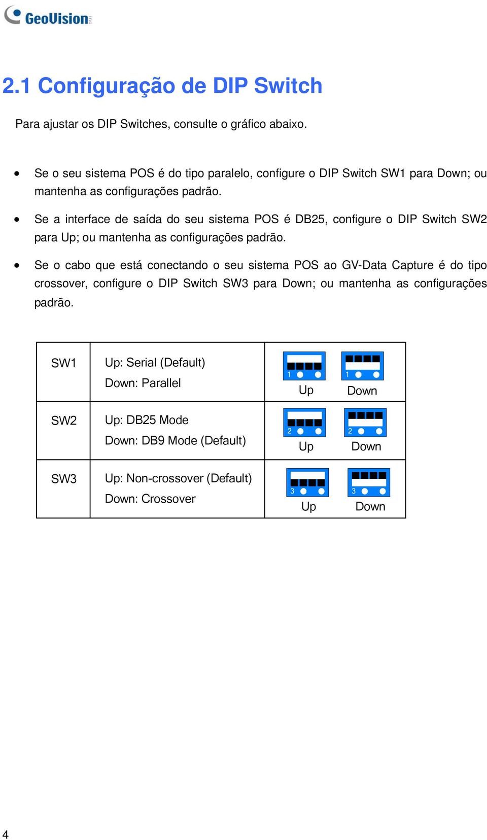 Se a interface de saída do seu sistema POS é DB25, configure o DIP Switch SW2 para Up; ou mantenha as configurações padrão.