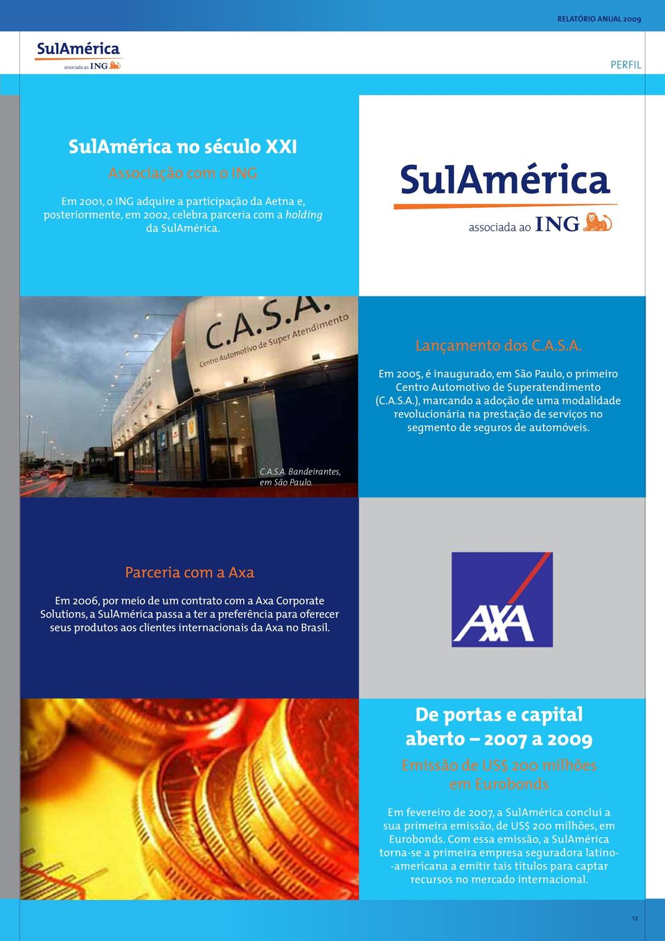 Parceria com a Axa Em 2006, por meio de um contrato com a Axa Corporate Solutions, a SulAmérica passa a ter a preferência para oferecer seus produtos aos clientes internacionais da Axa no Brasil.