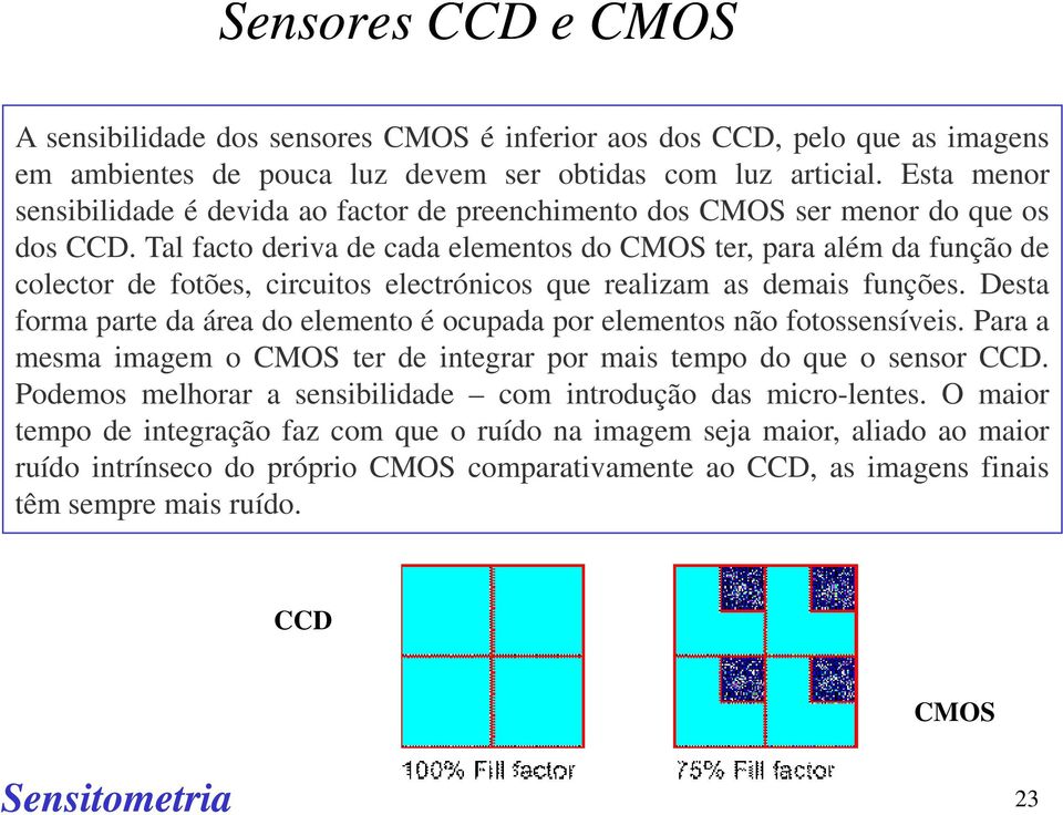 Tal facto deriva de cada elementos do CMOS ter, para além da função de colector de fotões, circuitos electrónicos que realizam as demais funções.