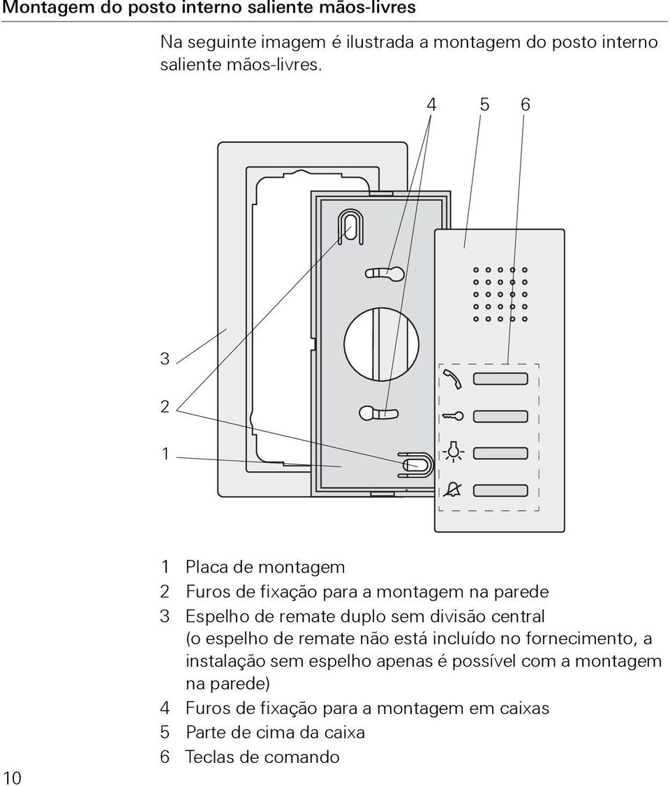 4 5 6 3 2 1 10 1 Placa de montagem 2 Furos de fixação para a montagem na parede 3 Espelho de remate duplo sem