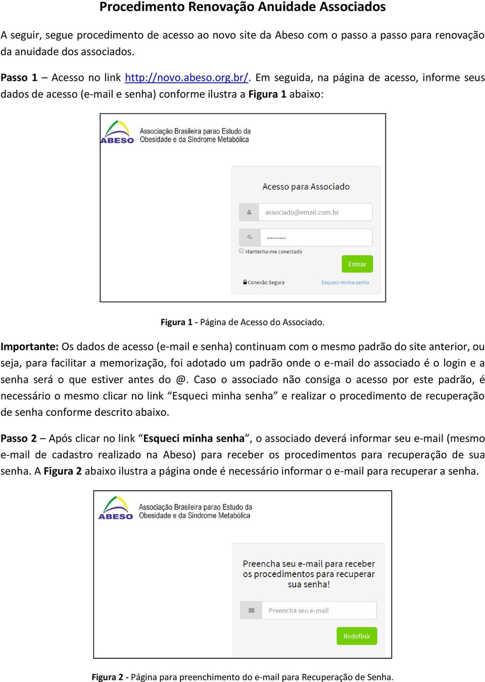 Em seguida, na página de acesso, informe seus dados de acesso (e-mail e senha) conforme ilustra a Figura 1 abaixo: Figura 1 - Página de Acesso do Associado.