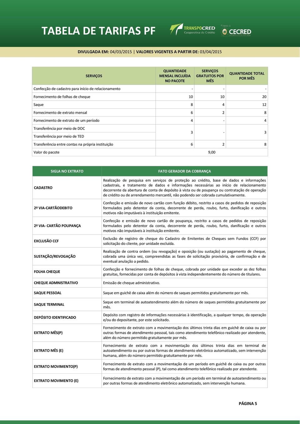 CHEQUE ADMNISTRATIVO SAQUE PESSOAL SAQUE TERMINAL DEPÓSITO IDENTIFICADO EXTRATO (P) EXTRATO (E) EXTRATO MOVIMENTO(P) EXTRATO MOVIMENTO (E) FATO GERADOR DA COBRANÇA Realização de pesquisa em serviços