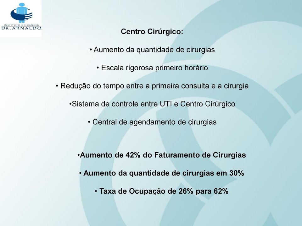 e Centro Cirúrgico Central de agendamento de cirurgias Aumento de 42% do Faturamento