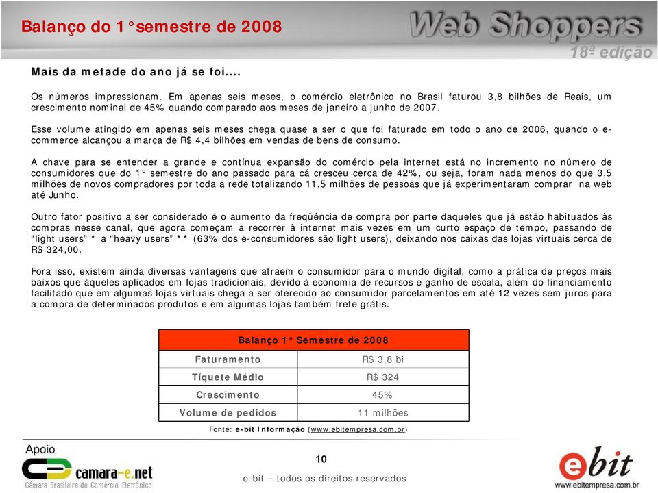 Esse volume atingido em apenas seis meses chega quase a ser o que foi faturado em todo o ano de 2006, quando o e- commerce alcançou a marca de R$ 4,4 bilhões em vendas de bens de consumo.