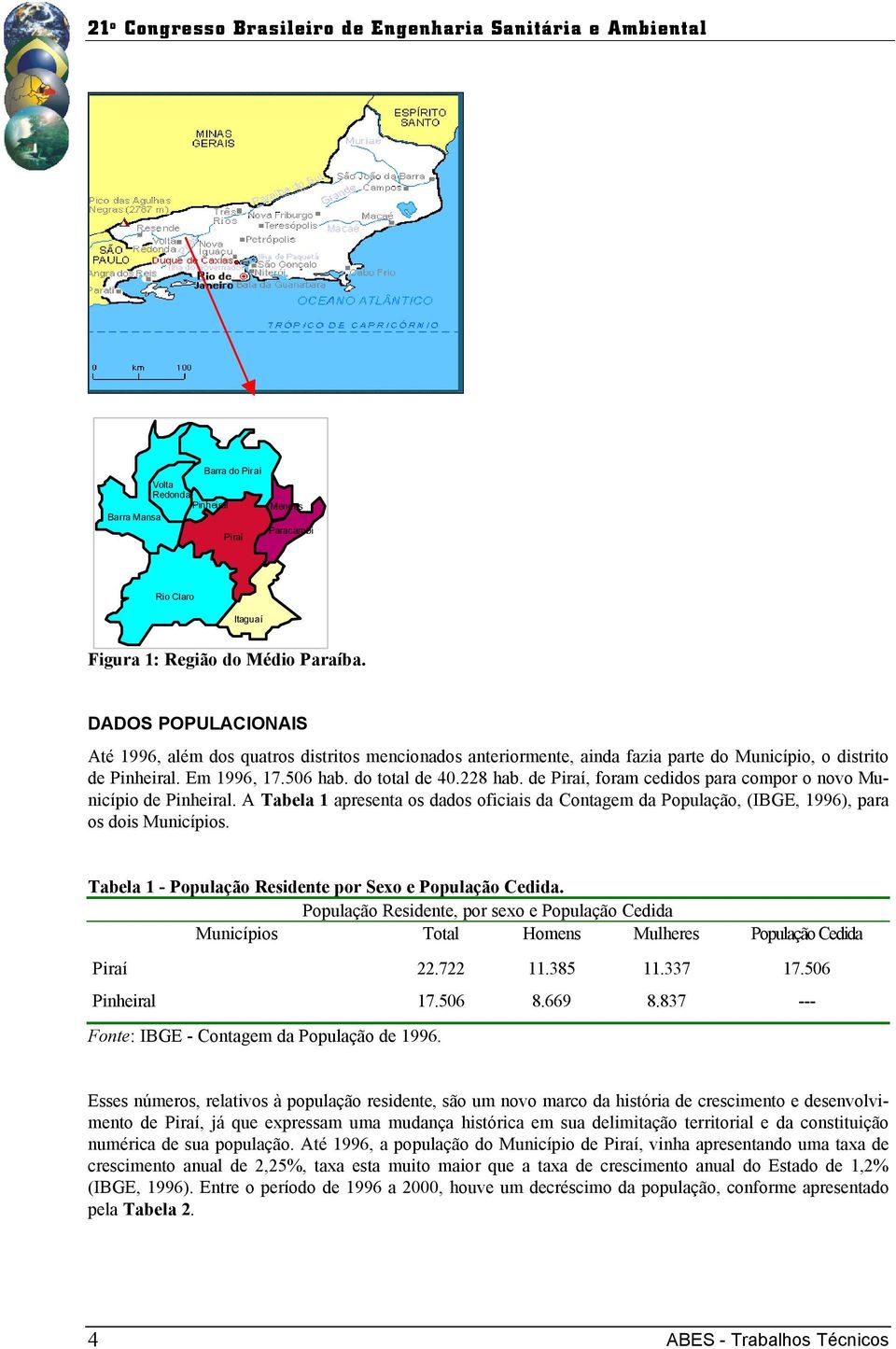 de Piraí, foram cedidos para compor o novo Município de Pinheiral. A Tabela 1 apresenta os dados oficiais da Contagem da População, (IBGE, 1996), para os dois Municípios.