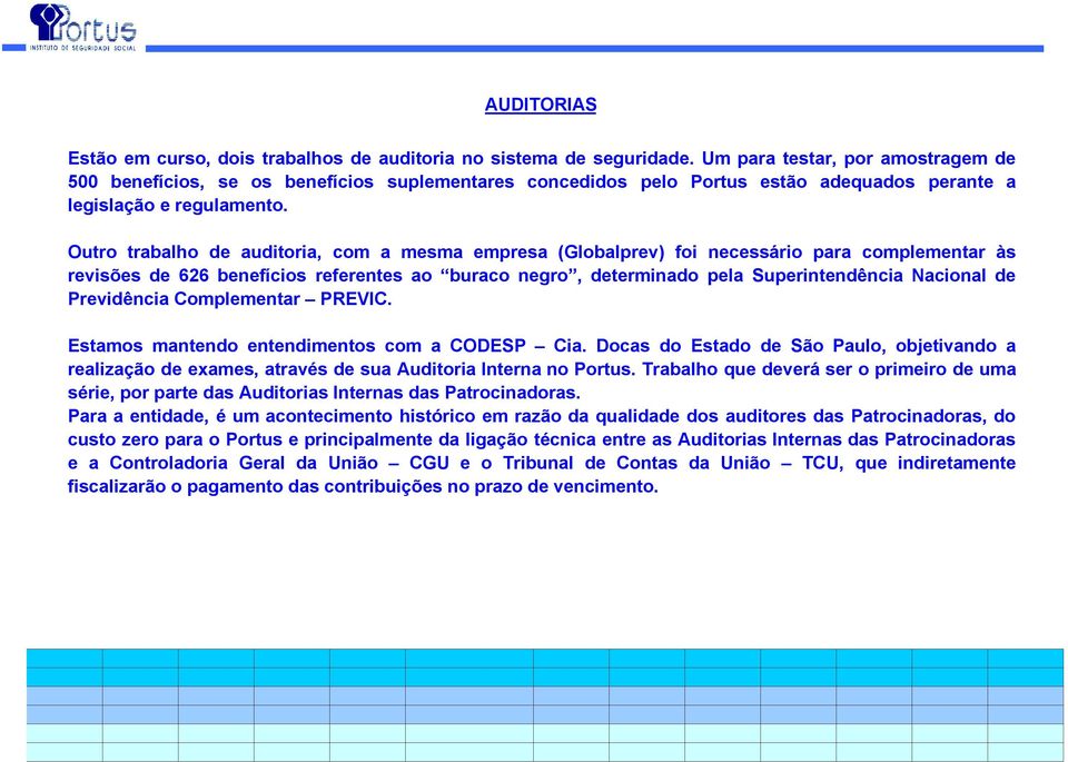 Outro trabalho de auditoria, com a mesma empresa (Globalprev) foi necessário para complementar às revisões de 626 benefícios referentes ao buraco negro, determinado pela Superintendência Nacional de