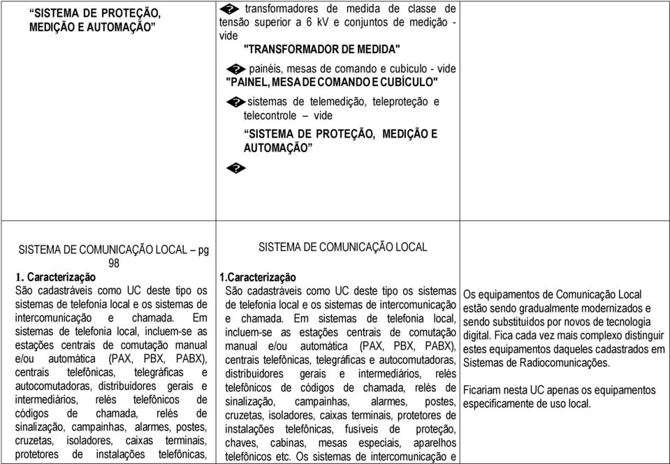 COMUNICAÇÃO LOCAL pg 98 São cadastráveis como UC deste tipo os sistemas de telefonia local e os sistemas de intercomunicação e chamada.