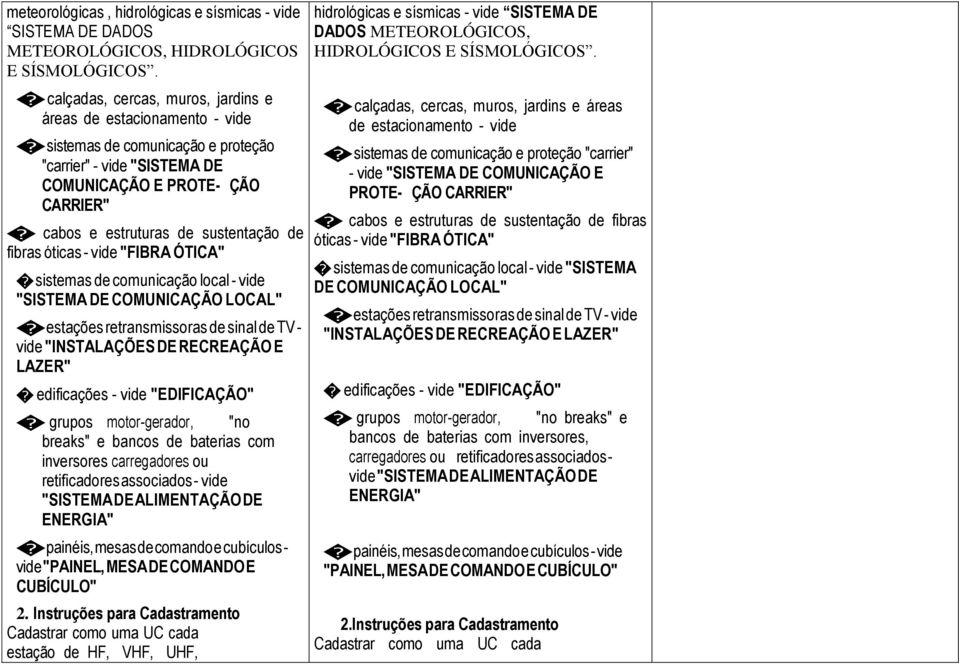 de fibras óticas - vide "FIBRA ÓTICA" sistemas de comunicação local - vide "SISTEMA DE COMUNICAÇÃO LOCAL" estações retransmissoras de sinal de TV - vide "INSTALAÇÕES DE RECREAÇÃO E LAZER" edificações