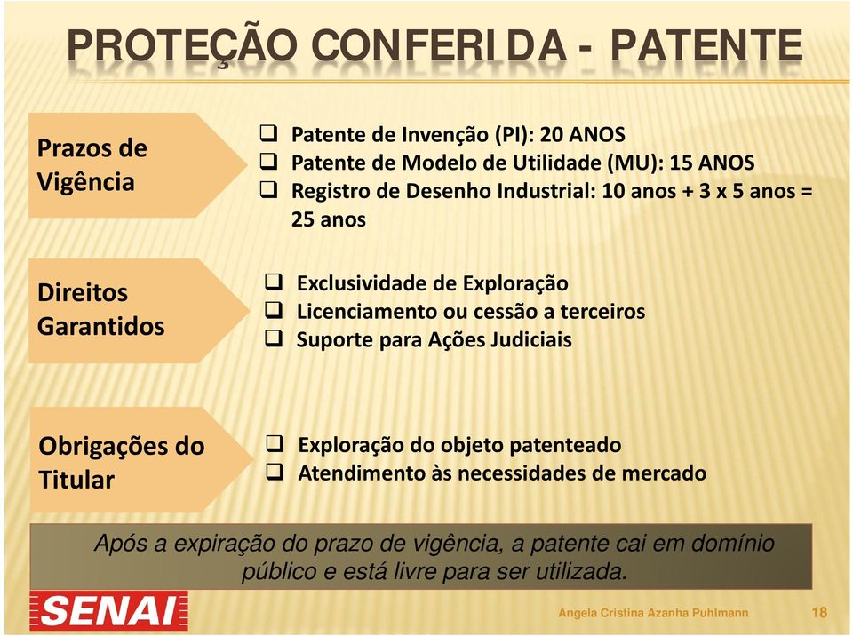 terceiros Suporte para Ações Judiciais Obrigações do Titular Exploração do objeto patenteado Atendimento às necessidades de mercado