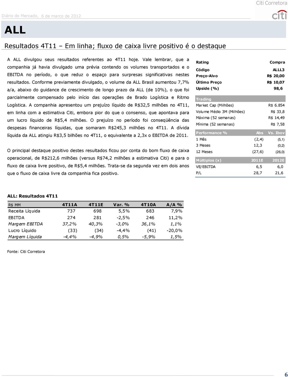 Conforme previamente divulgado, o volume da ALL Brasil aumentou 7,7% a/a, abaixo do guidance de crescimento de longo prazo da ALL (de 10%), o que foi parcialmente compensado pelo início das operações