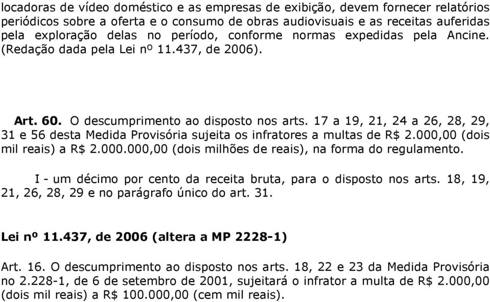 17 a 19, 21, 24 a 26, 28, 29, 31 e 56 desta Medida Provisória sujeita os infratores a multas de R$ 2.000,00 (dois mil reais) a R$ 2.000.000,00 (dois milhões de reais), na forma do regulamento.