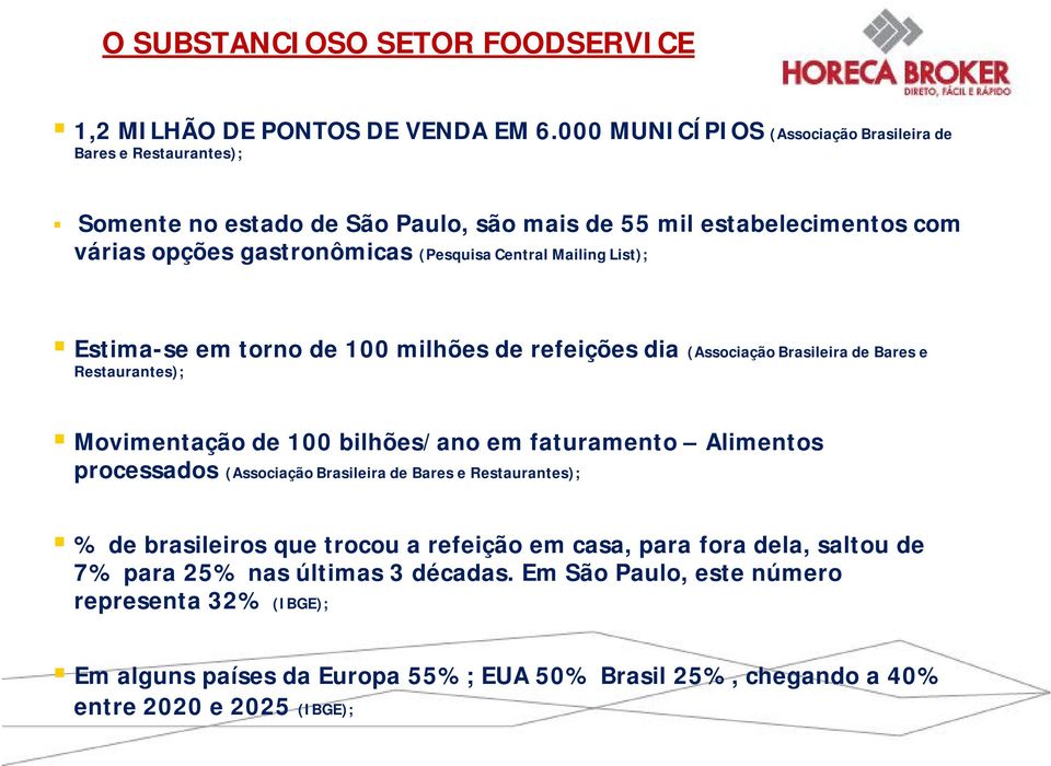 Mailing List); Estima-se em torno de 100 milhões de refeições dia (Associação Brasileira de Bares e Restaurantes); Movimentação de 100 bilhões/ano em faturamento Alimentos processados