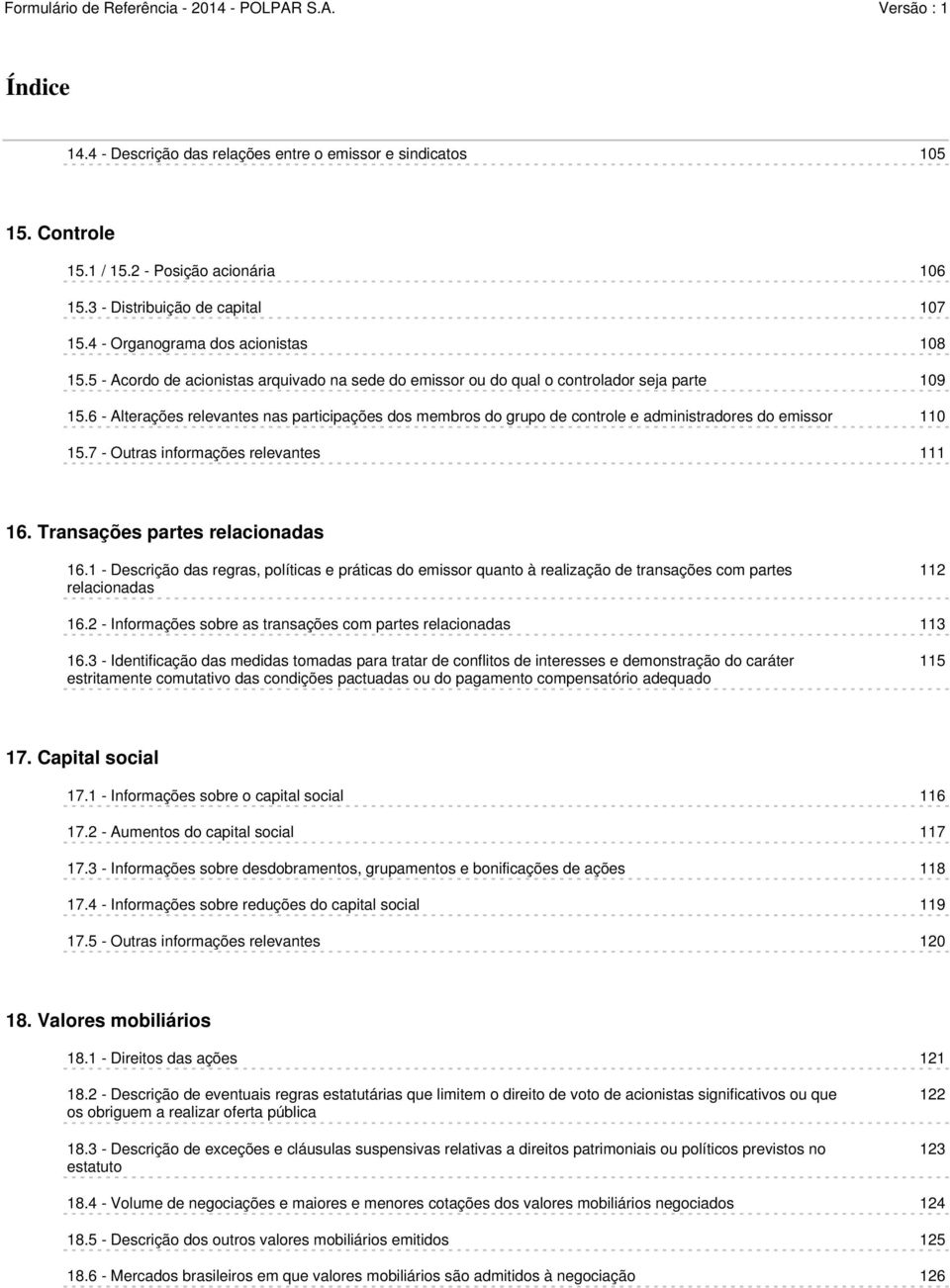 6 - Alterações relevantes nas participações dos membros do grupo de controle e administradores do emissor 110 15.7 - Outras informações relevantes 111 16. Transações partes relacionadas 16.