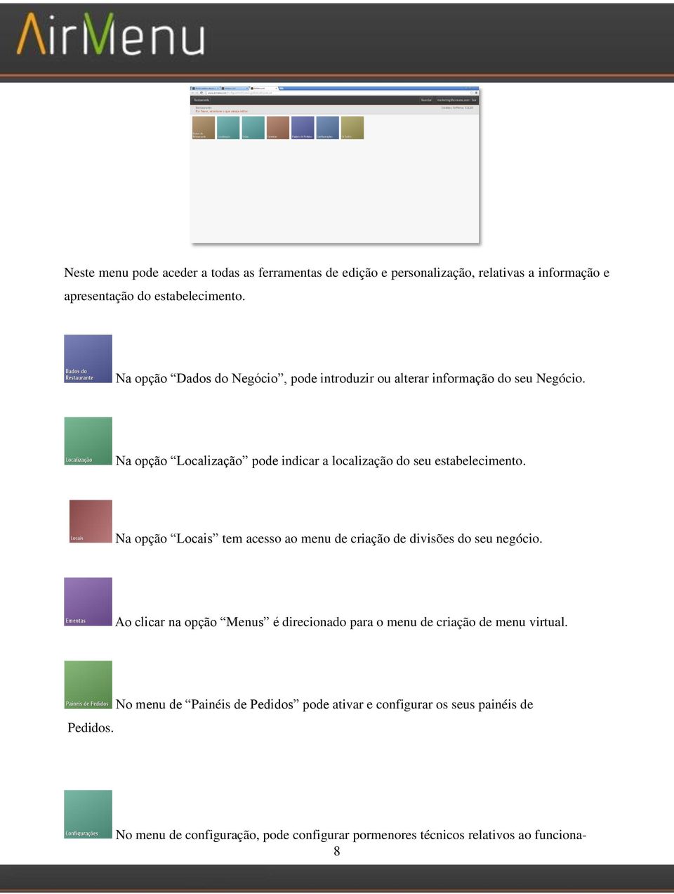 Na opção Locais tem acesso ao menu de criação de divisões do seu negócio. Ao clicar na opção Menus é direcionado para o menu de criação de menu virtual.