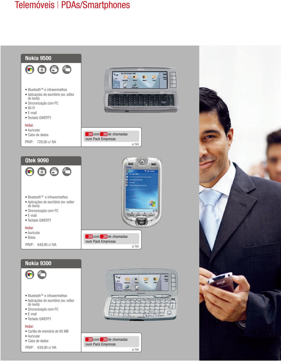 PC E-mail Teclado QWERTY Inclui: Auricular Bolsa PRVP: 649,90 c/ IVA 20 com 20 de chamadas num Pack Empresas s/ IVA Nokia 9300 Bluetooth e infravermelhos Aplicações de escritório