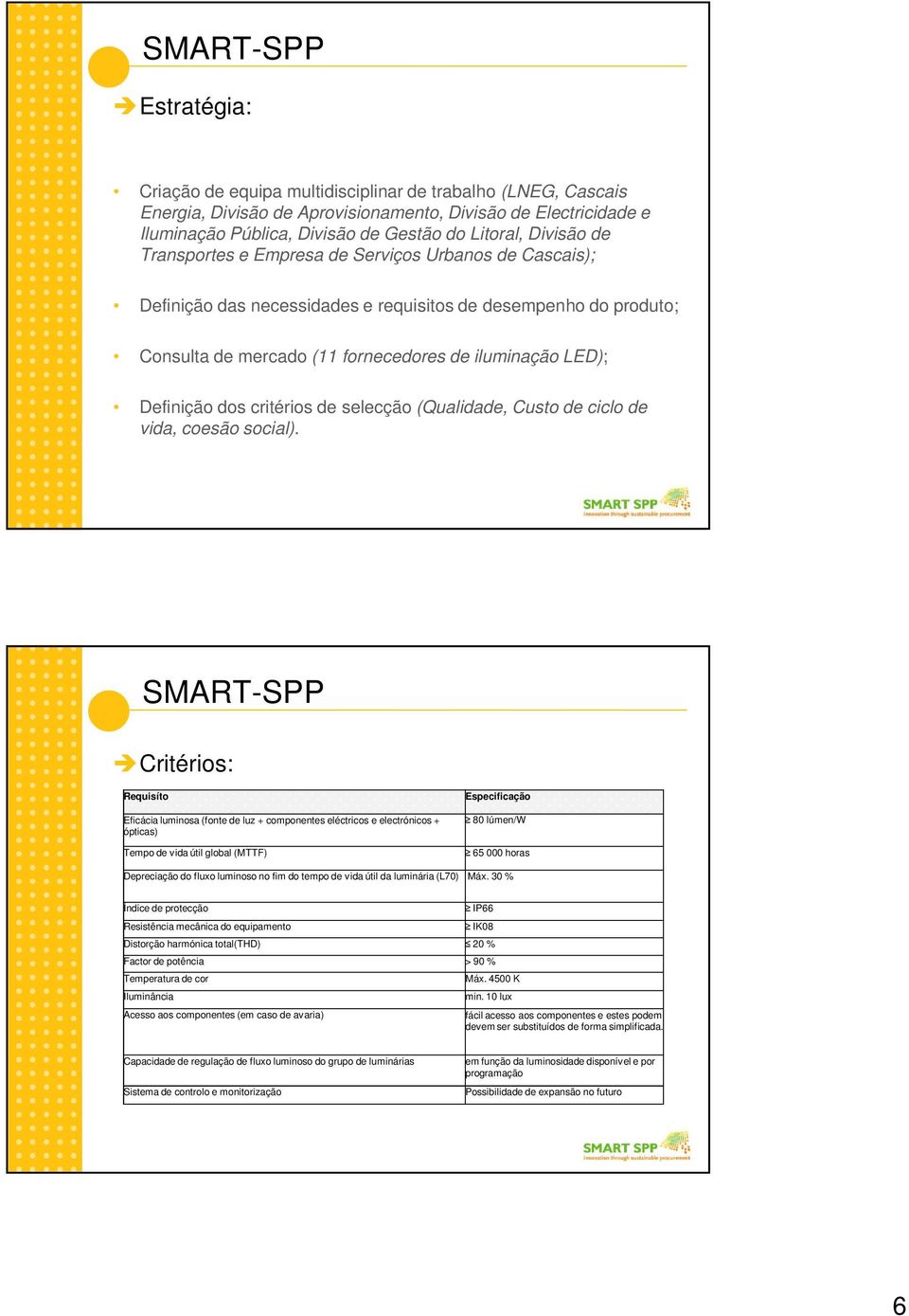 dos critérios de selecção (Qualidade, Custo de ciclo de vida, coesão social).