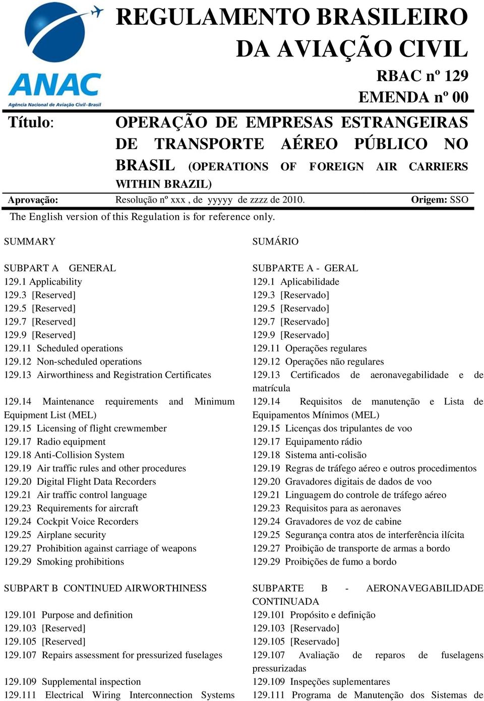 5 [Reserved] 129.7 [Reserved] 129.9 [Reserved] 129.11 Scheduled operations 129.12 Non-scheduled operations 129.13 Airworthiness and Registration Certificates 129.