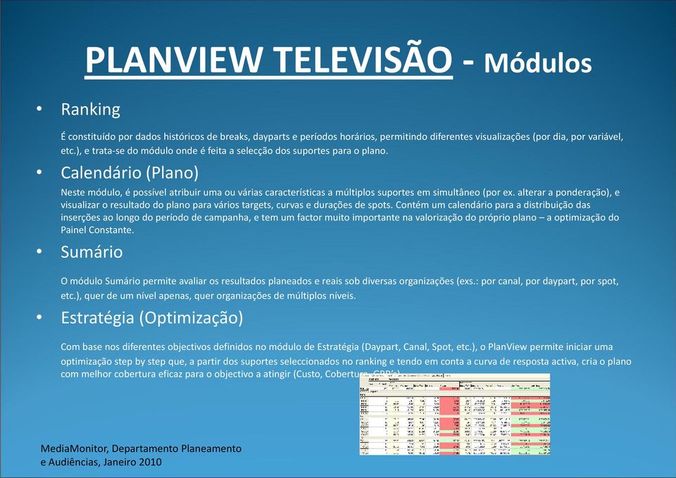 altrar a pondração), visualizar o rsultado do plano para vários targts, curvas duraçõs d spots.