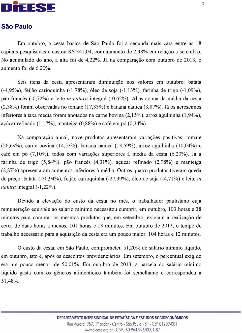 Seis itens da cesta apresentaram diminuição nos valores em outubro: batata (-4,95%), feijão carioquinha (-1,78%), óleo de soja (-1,13%), farinha de trigo (-1,09%), pão francês (-0,72%) e leite in