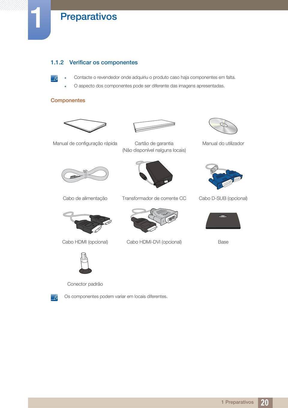 Componentes Manual de configuração rápida Cartão de garantia (Não disponível nalguns locais) Manual do utilizador Cabo de