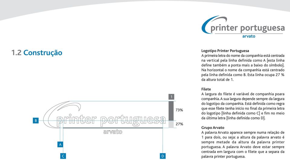 B A C D 1 73% 27% Filete A largura do filete é variável de companhia poara companhia. A sua largura depende sempre da largura do logotipo da companhia.