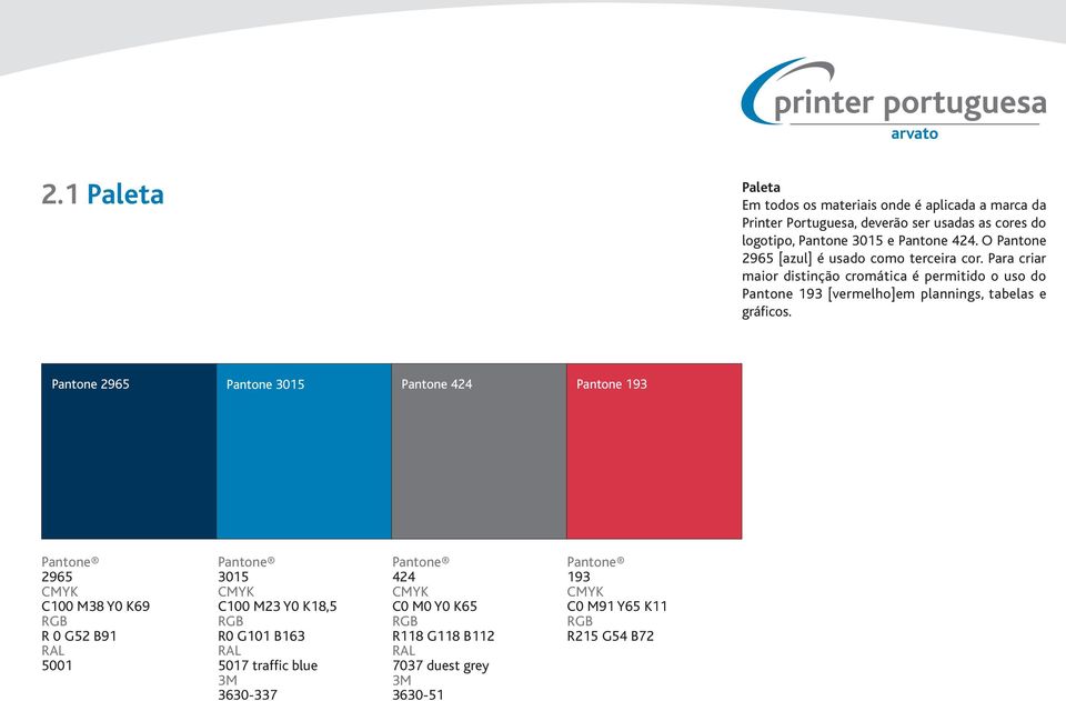 Pantone 2965 Pantone 3015 Pantone 424 Pantone 193 Pantone 2965 CMYK C100 M38 Y0 K69 RGB R 0 G52 B91 RAL 5001 Pantone 3015 CMYK C100 M23 Y0 K18,5 RGB R0 G101 B163 RAL 5017 traffic