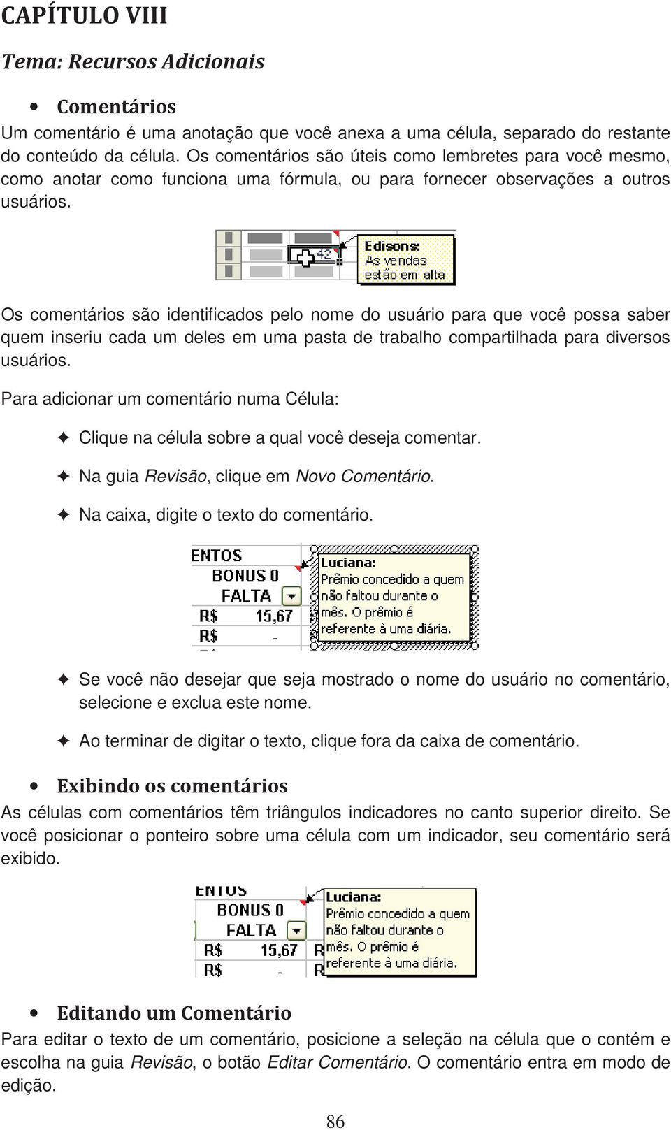 Os comentários são identificados pelo nome do usuário para que você possa saber quem inseriu cada um deles em uma pasta de trabalho compartilhada para diversos usuários.