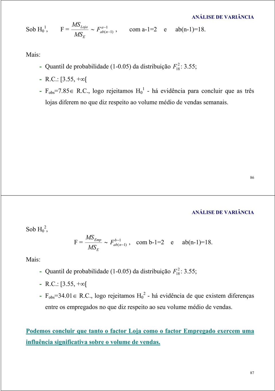 86 So H 0, Mis: F = Emp E F, com -1= e (n-1)=18. 1 ( n1) - Quntil de proilidde (1-0.05) d distriuição - R.C.