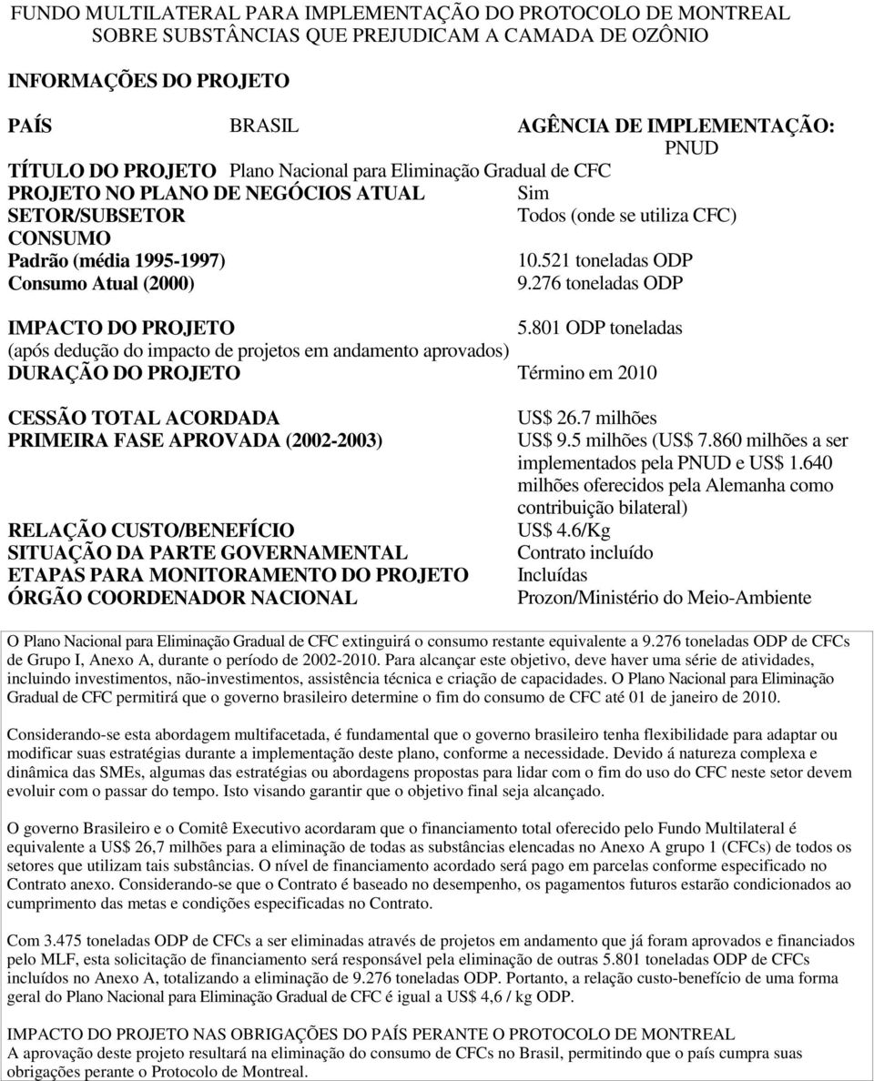 521 toneladas ODP Consumo Atual (2000) 9.276 toneladas ODP IMPACTO DO PROJETO 5.