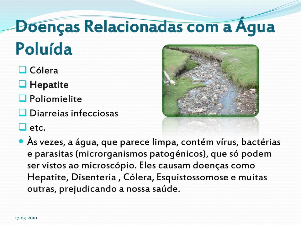 Às vezes, a água, que parece limpa, contém vírus, bactérias e parasitas (microrganismos