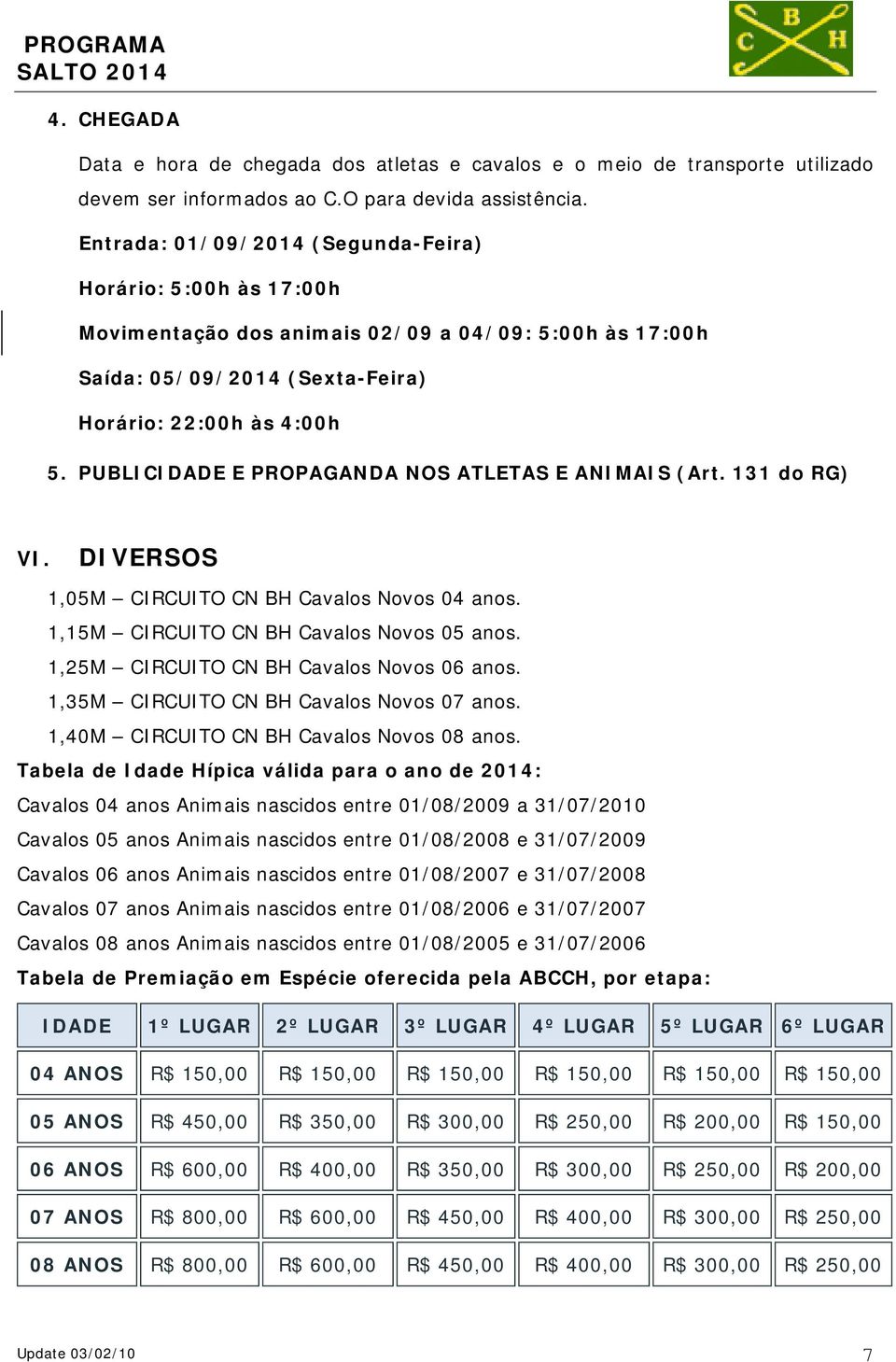 PUBLICIDADE E PROPAGANDA NOS ATLETAS E ANIMAIS (Art. 131 do RG) VI. DIVERSOS 1,05M CIRCUITO CN BH Cavalos Novos 04 anos. 1,15M CIRCUITO CN BH Cavalos Novos 05 anos.