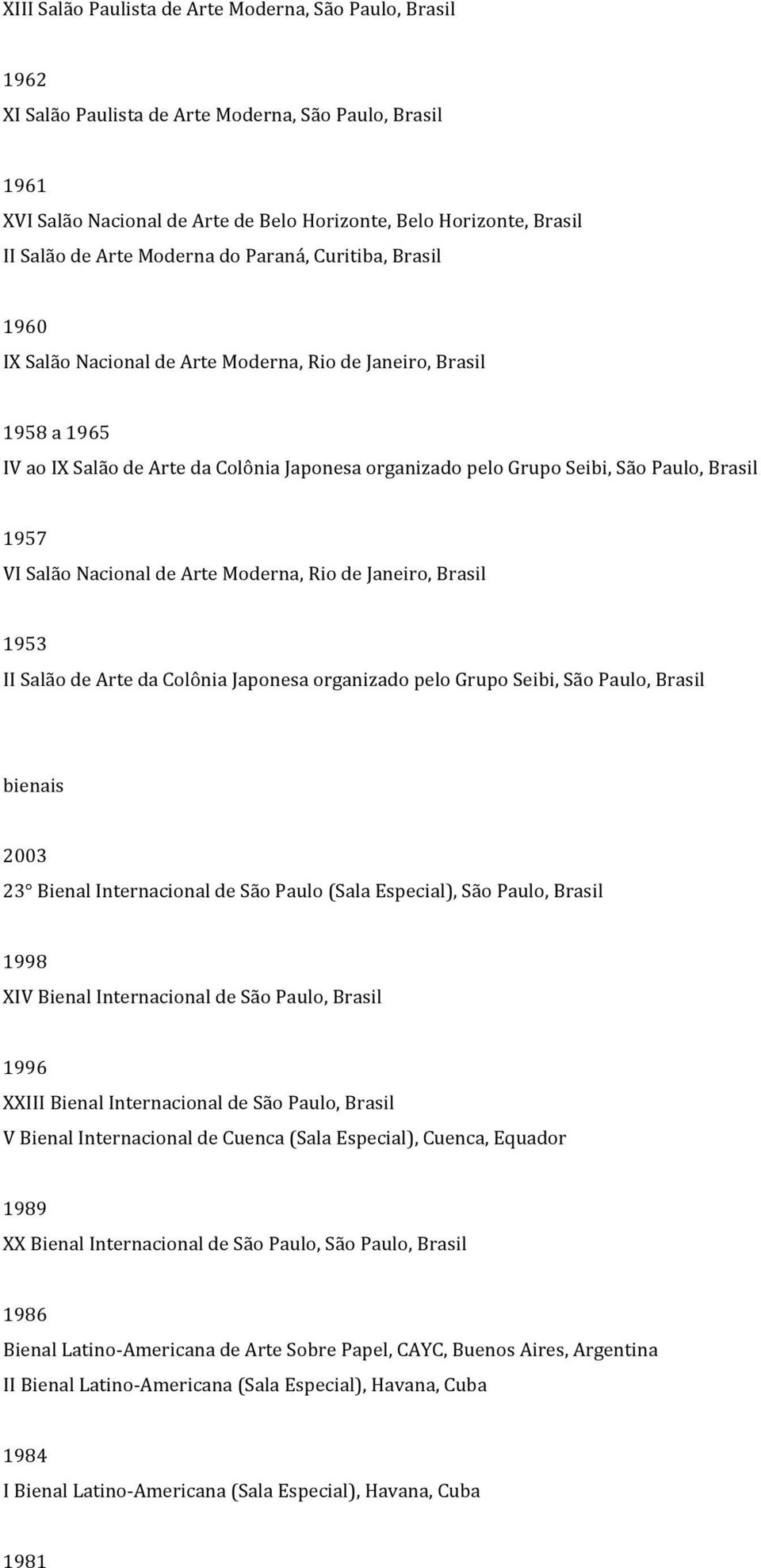 Brasil 1957 VI Salão Nacional de Arte Moderna, Rio de Janeiro, Brasil 1953 II Salão de Arte da Colônia Japonesa organizado pelo Grupo Seibi, São Paulo, Brasil bienais 2003 23 Bienal Internacional de