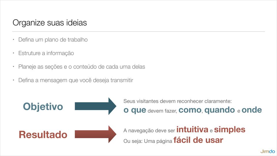 Objetivo Seus visitantes devem reconhecer claramente: o que devem fazer, como, quando