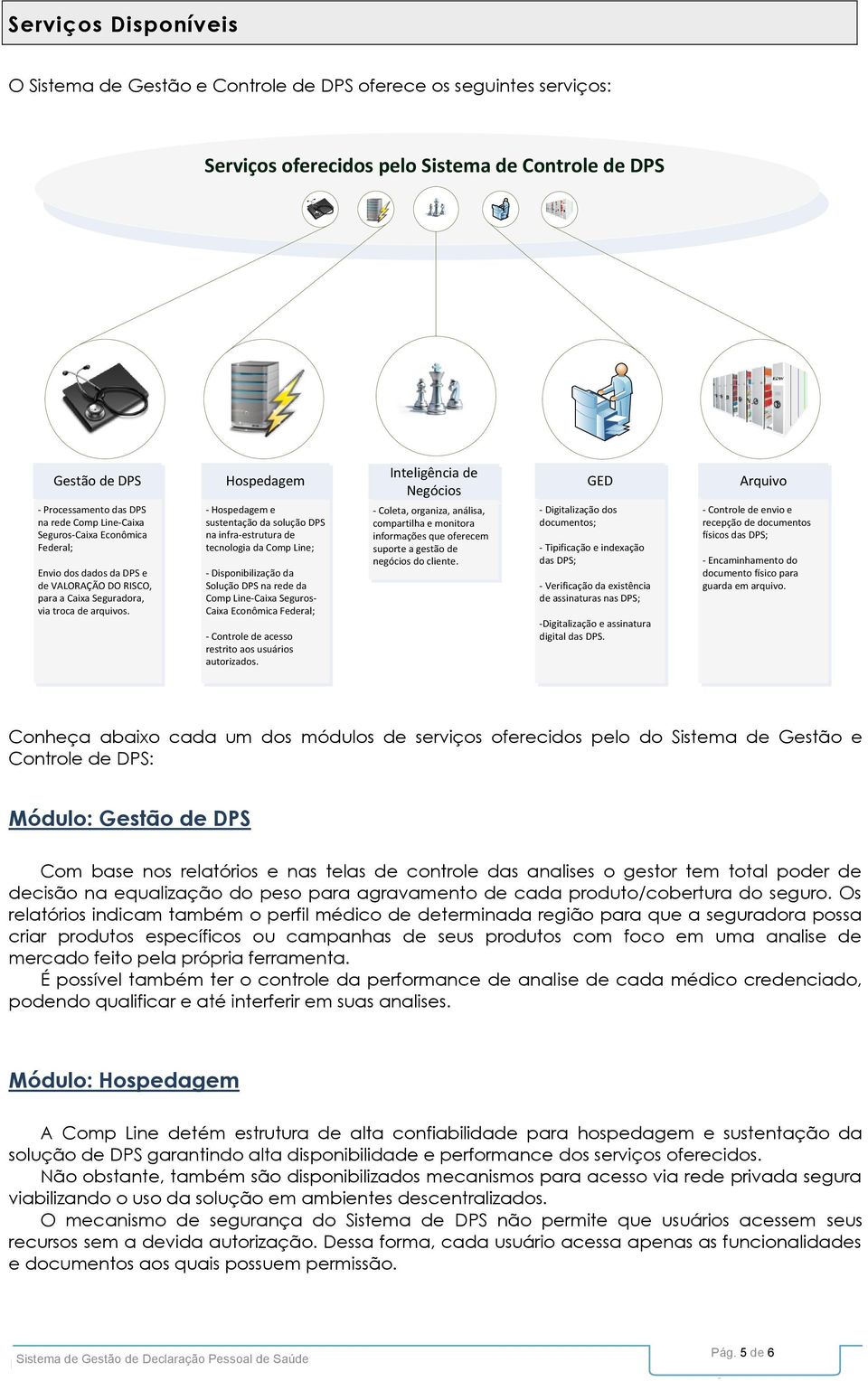 Inteligência de Hospedagem GED Arquivo Negócios - Hospedagem e sustentação da solução DPS na infra-estrutura de tecnologia da Comp Line; - Disponibilização da Solução DPS na rede da Comp Line-Caixa