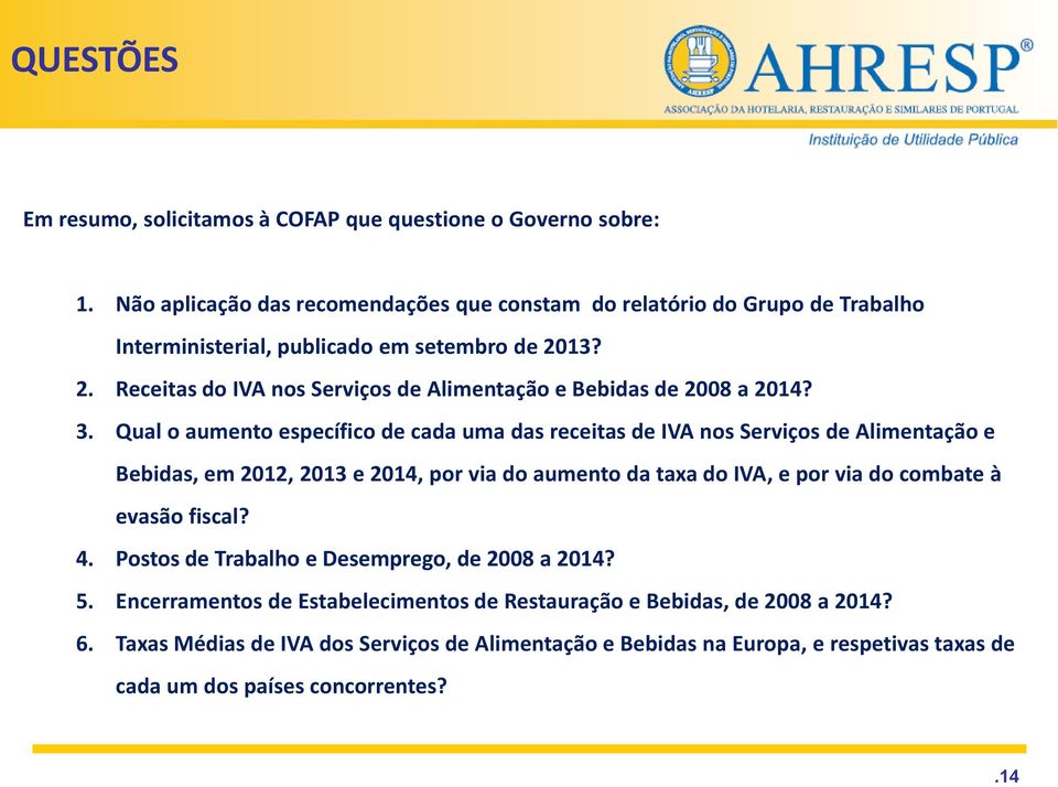 13? 2. Receitas do IVA nos Serviços de Alimentação e Bebidas de 2008 a 2014? 3.