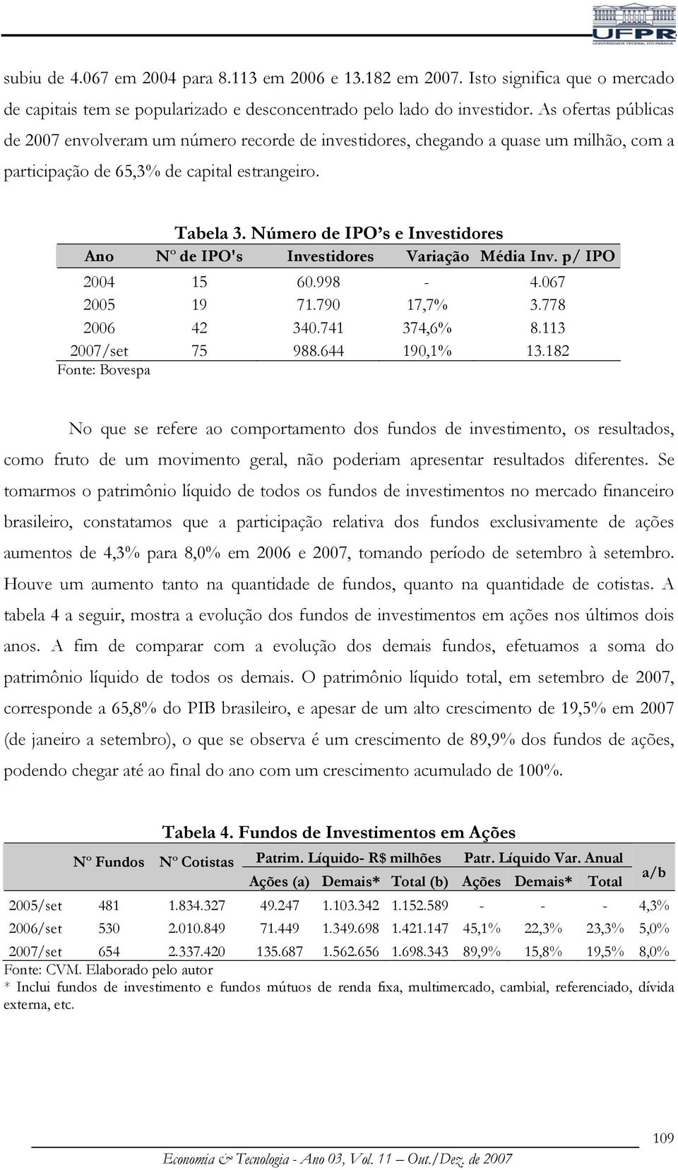 Número de IPO s e Investidores Ano Nº de IPO's Investidores Variação Média Inv. p/ IPO 2004 15 60.998-4.067 2005 19 71.790 17,7% 3.778 2006 42 340.741 374,6% 8.113 2007/set 75 988.644 190,1% 13.